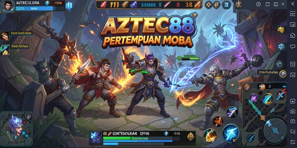 Screenshot utama AZTEC88 menampilkan pertempuran seru dalam dunia MOBA.