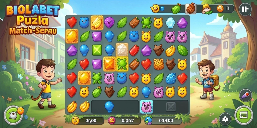 Tampilan gameplay seru di BIOLABET dengan elemen match-3 yang menantang.