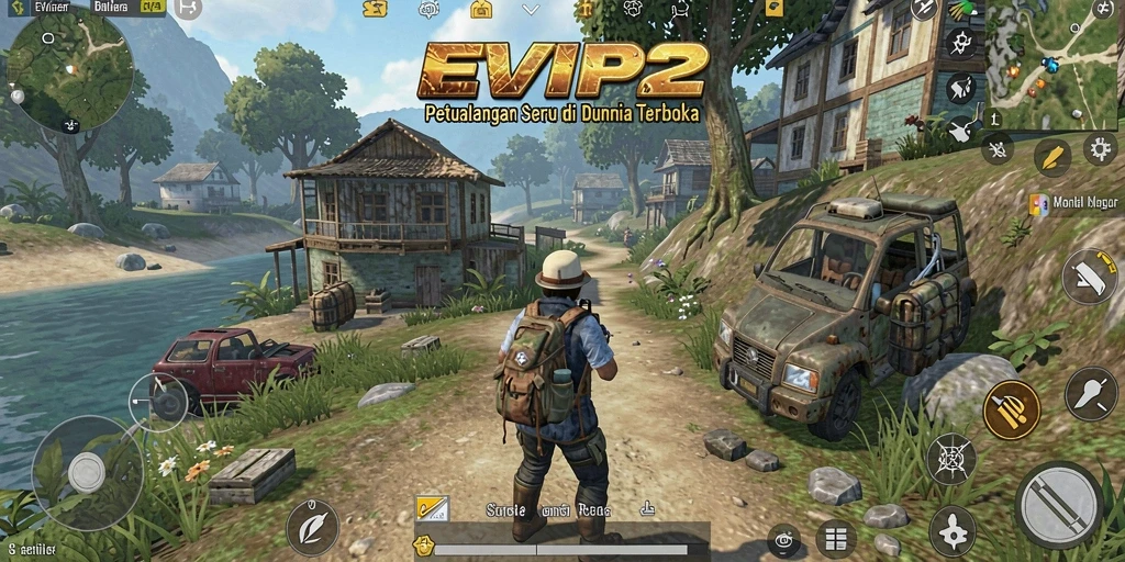 Tangkapan layar gameplay <strong>EVIP2</strong> menunjukkan eksplorasi dunia terbuka yang luas.