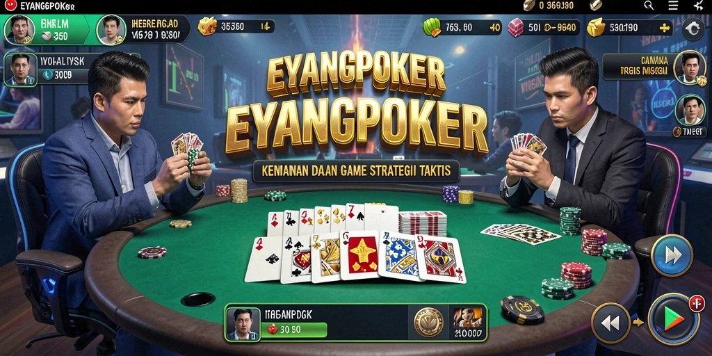 Tampilan gameplay menegangkan di EYANGPOKER dengan aksi poker yang dramatis.