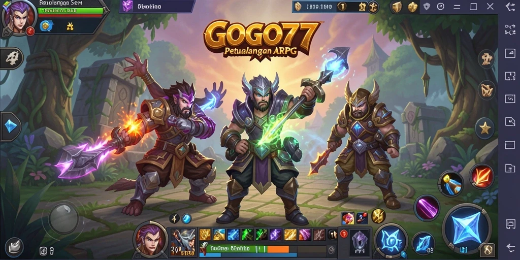 Screenshot utama GOGO77 menampilkan pertarungan epik dalam dunia ARPG.