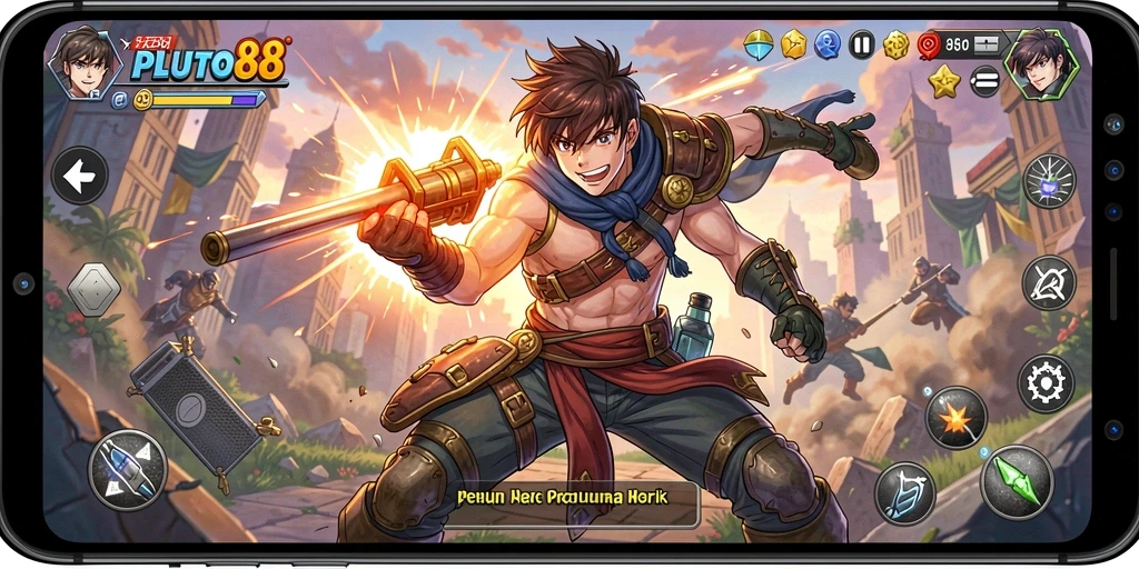 Tampilan gameplay yang memukau dari PLUTO88 dengan karakter anime yang keren.