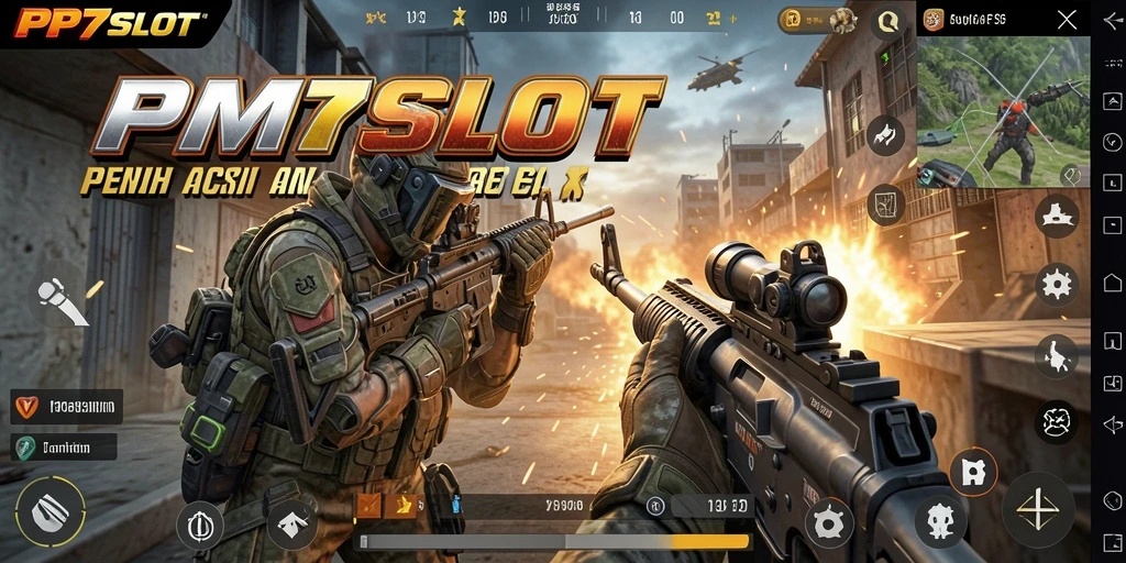 Screenshot menampilkan aksi intens PP7SLOT di medan perang FPS.